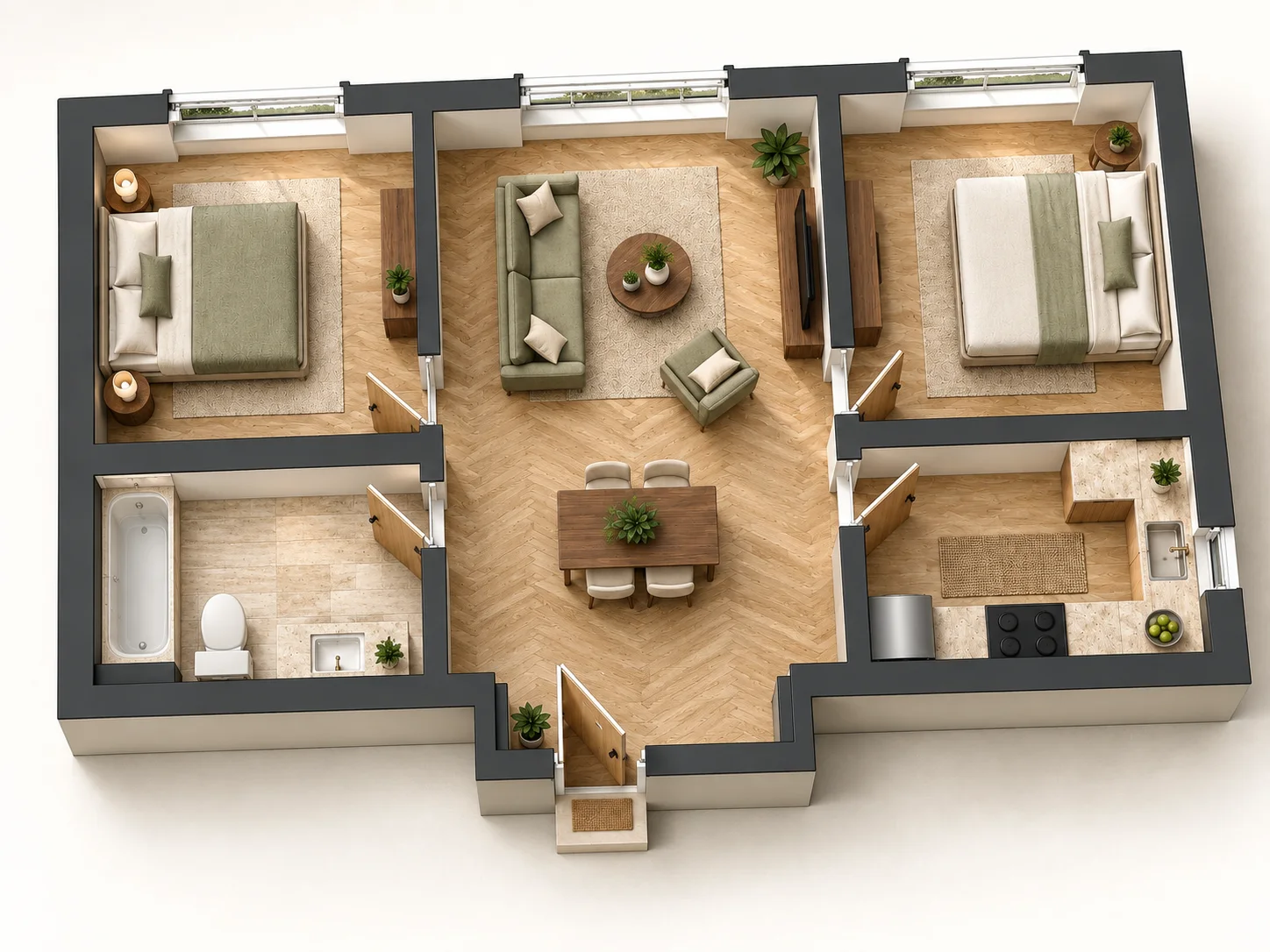 Warm modern 3D floor plan of a two-bedroom apartment with oak floors and sage furnishings