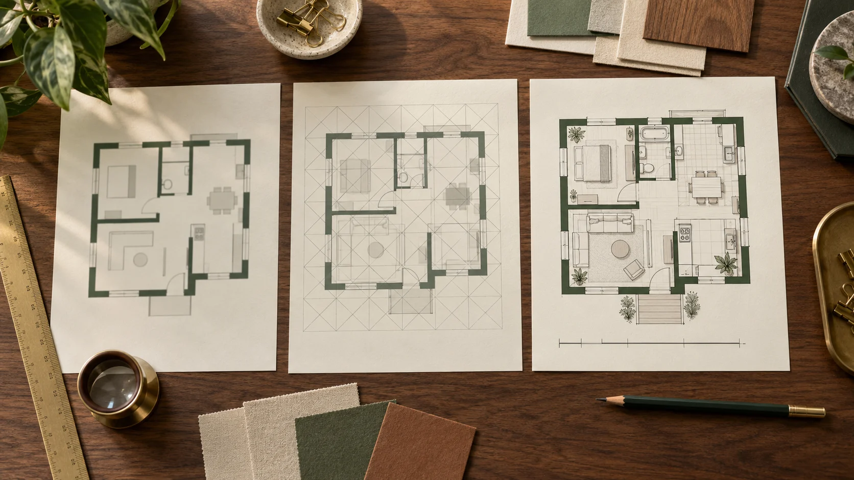 Three printed floor plans showing basic, restricted, and polished export quality