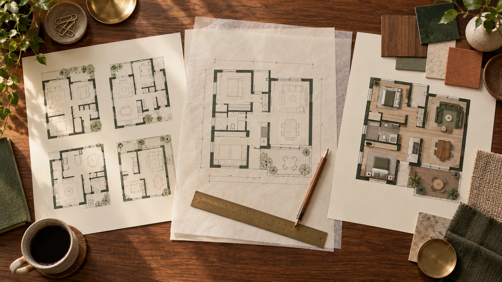 Three-stage workflow from multiple floor plan ideas to a measured plan and polished presentation