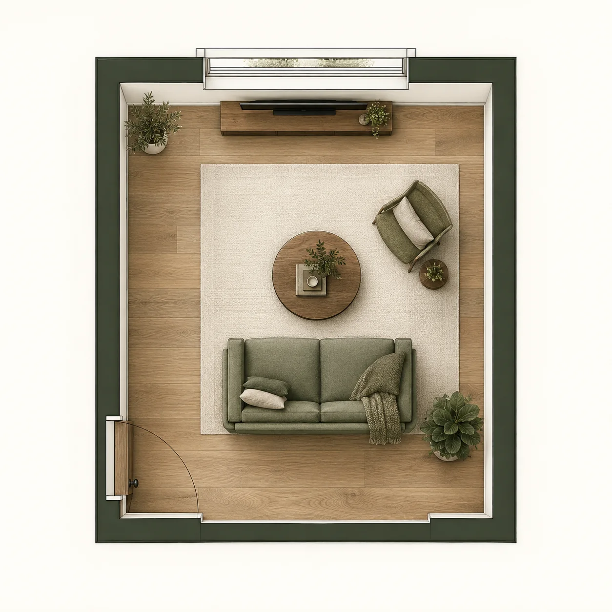 Small living room floor plan with dimensions showing a sofa facing the TV and a clear walkway