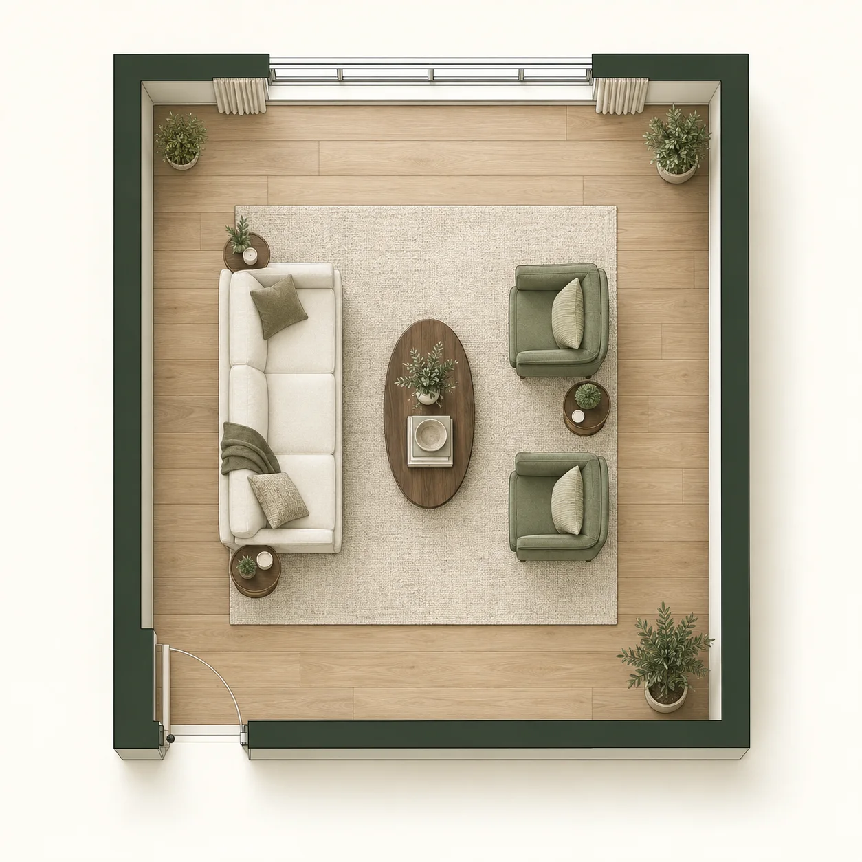 Living room floor plan with furniture arranged for conversation, with facing seats and room dimensions