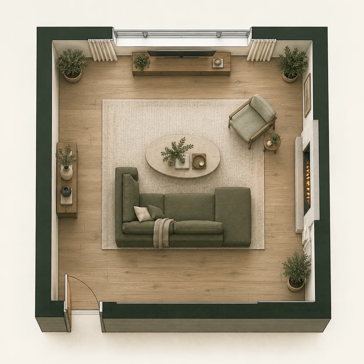 Living room floor plan with a TV, fireplace, sofa and labeled dimensions