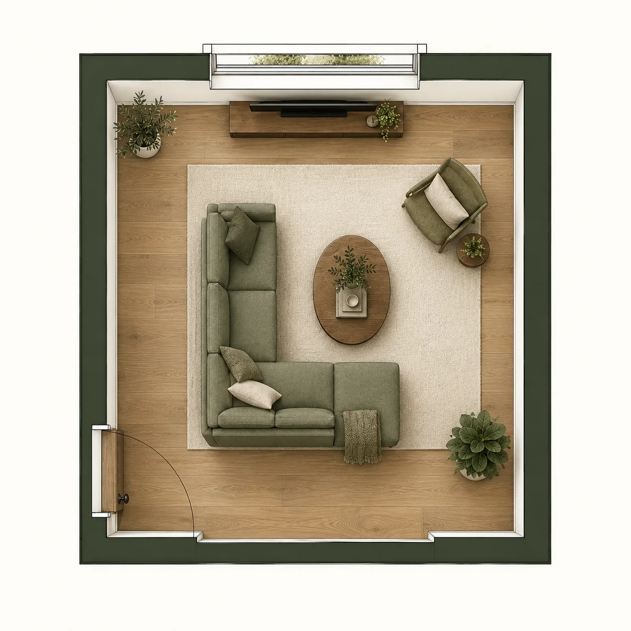 Top-down living room with an L-shaped sectional, coffee table, TV and clear entry path