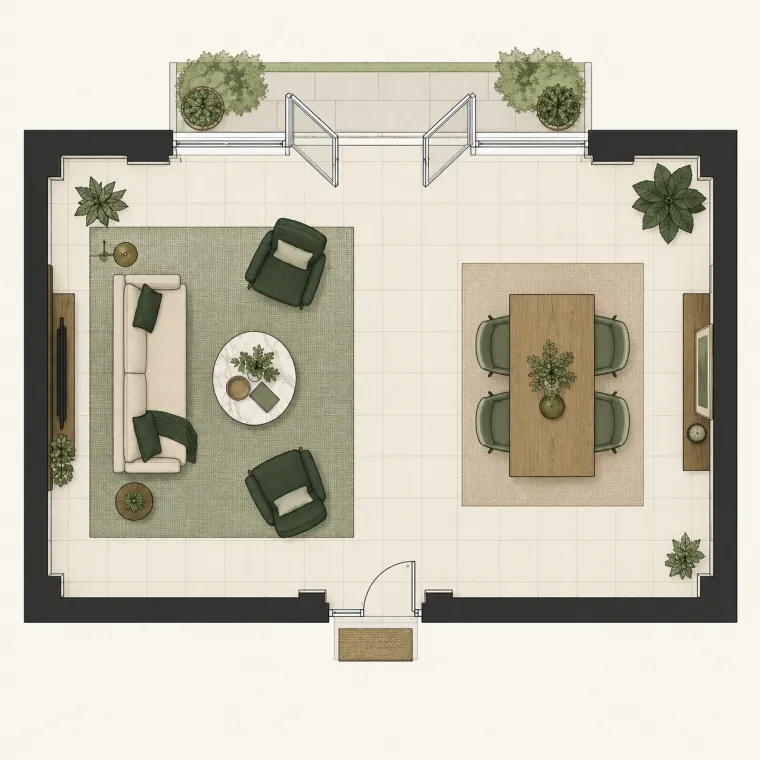 Open-plan living and dining room floor plan with sofa, chairs, four-seat table and garden doors