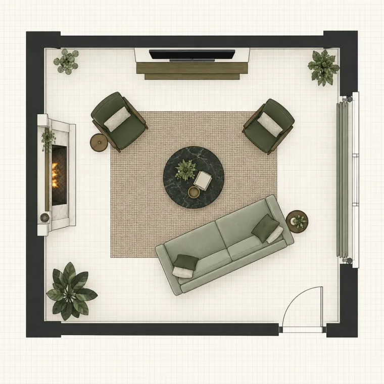 Living room floor plan with television, fireplace, sofa and two chairs