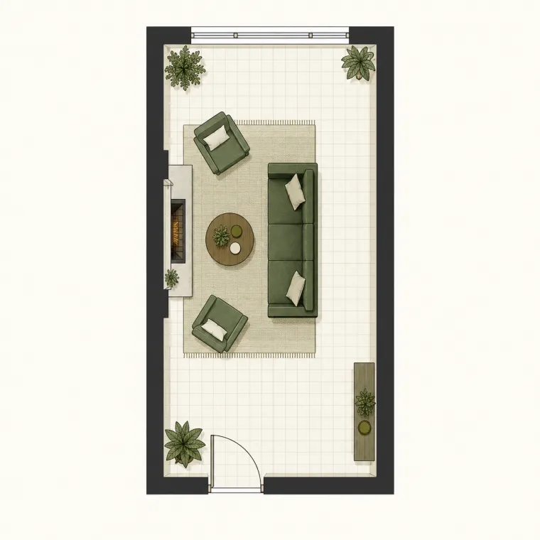 Long narrow living room floor plan with sofa, two chairs, fireplace and clear passage