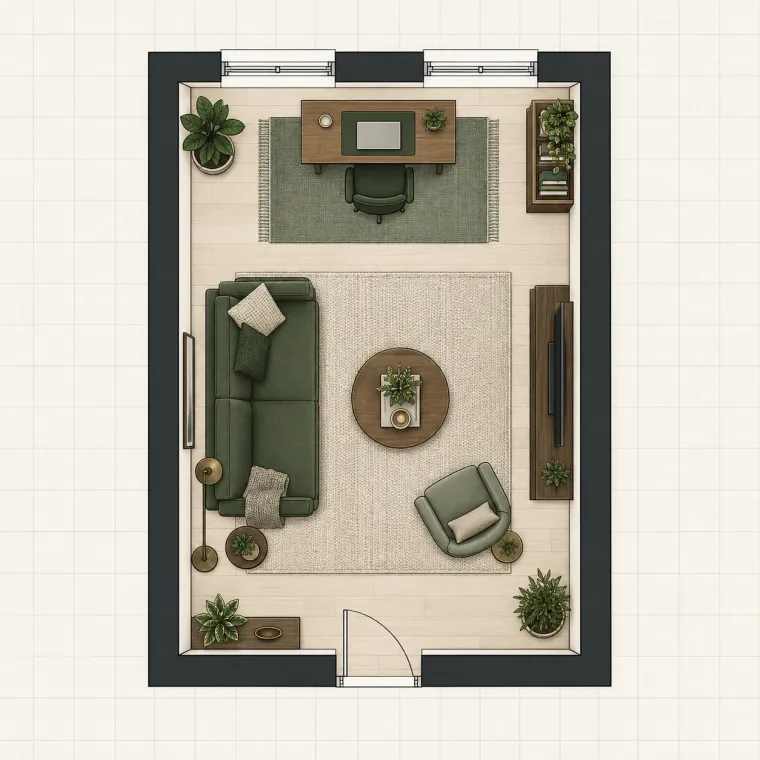 Living room floor plan with a desk by the window, sofa, chair, TV and clear circulation