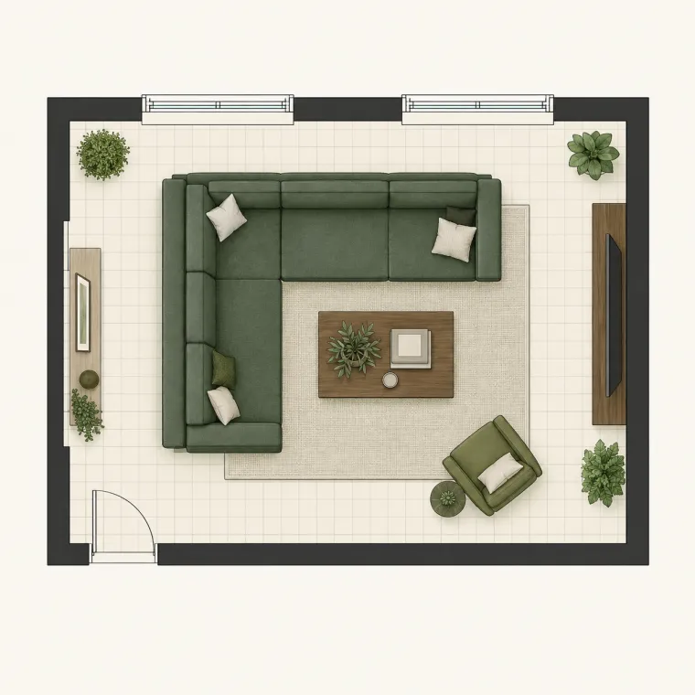 Living room floor plan with an L-shaped sectional sofa, accent chair and TV