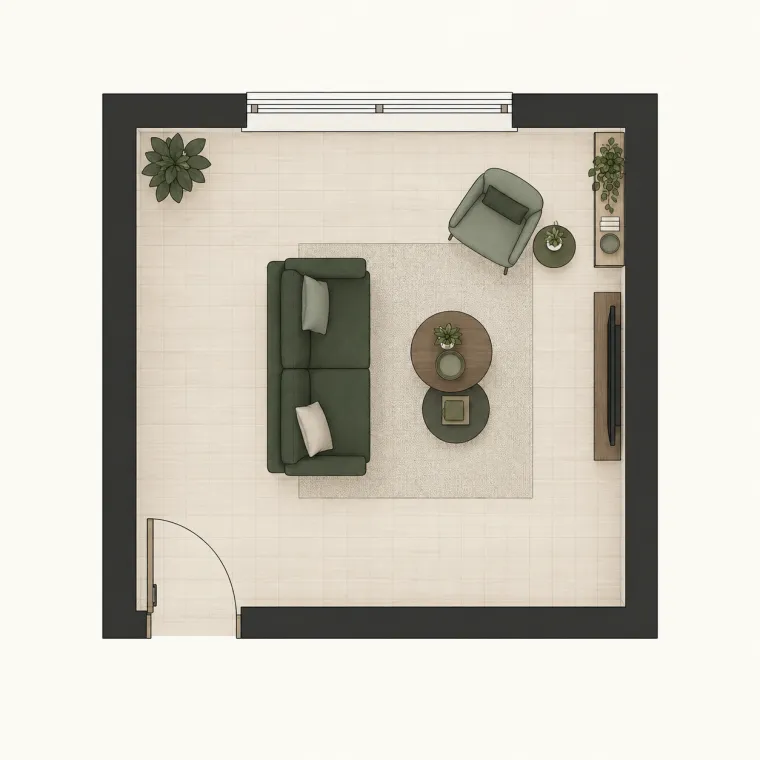 Top-down small living room floor plan with sofa, chair, TV and open walking space