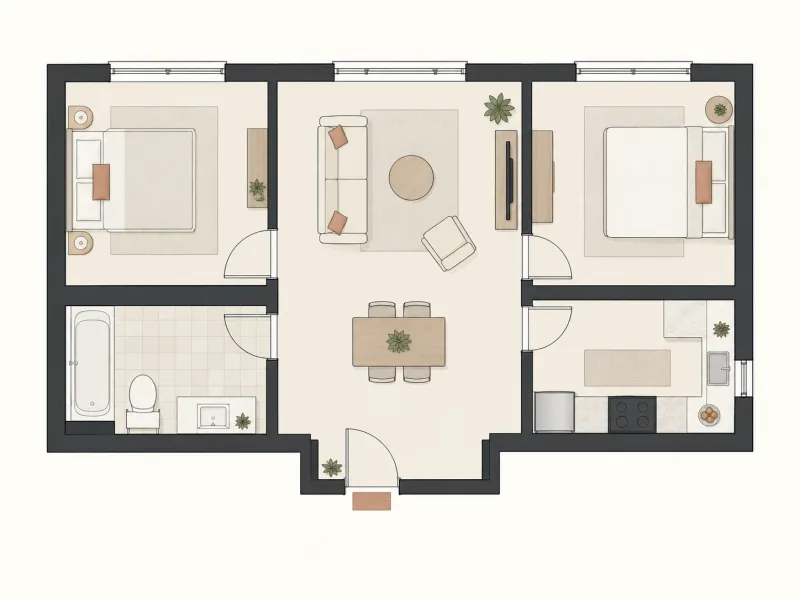 Sample 2D floor plan of the same two-bedroom apartment