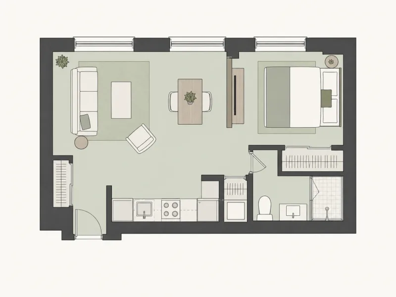 Compact studio floor plan with separate sleeping and living zones
