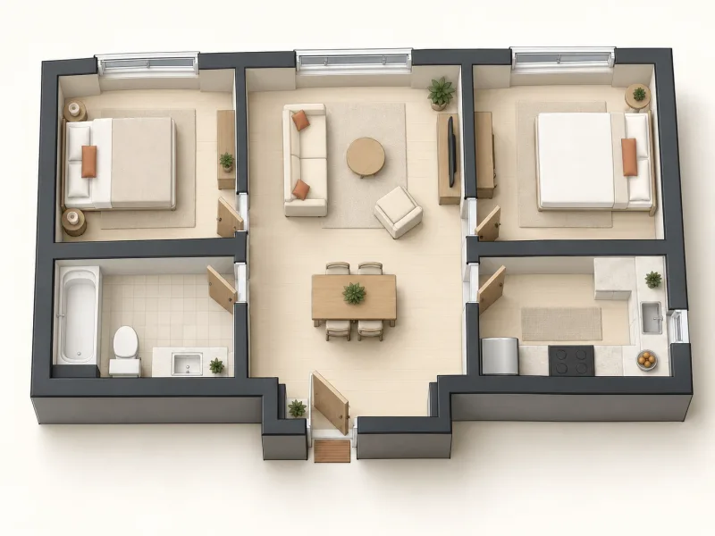Clay-model 3D floor plan showing a two-bedroom apartment layout