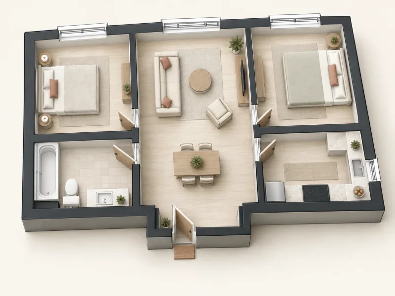 Scandinavian 3D floor plan with pale timber and light furniture