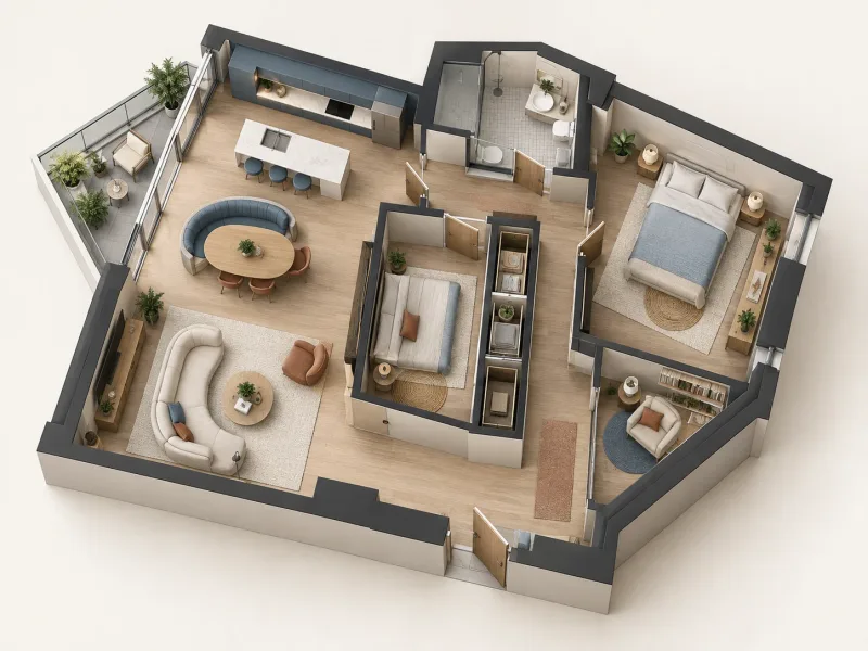 Two-bedroom apartment AI floor plan with separate bedrooms and a shared living area, shown as a starting brief