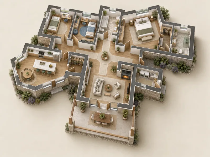 Illustrative three-bedroom house floor plan with two bathrooms and a shared living area