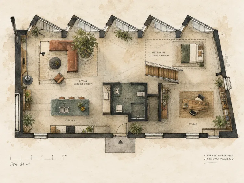 Open loft floor plan with a mezzanine bedroom, kitchen island, living area, and workspace