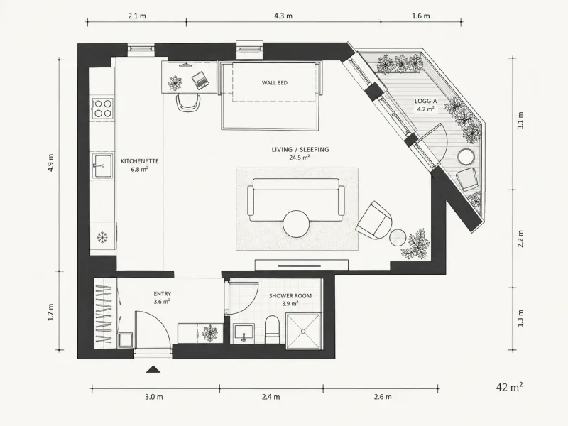Studio apartment floor plan with a combined living and sleeping area, a sample brief for the AI floor plan maker