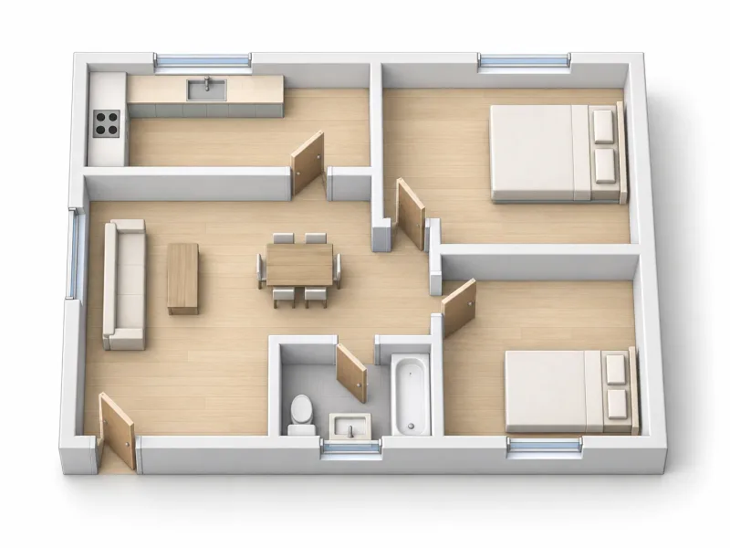 Isometric floor plan concept showing interior walls, furnished rooms, and circulation