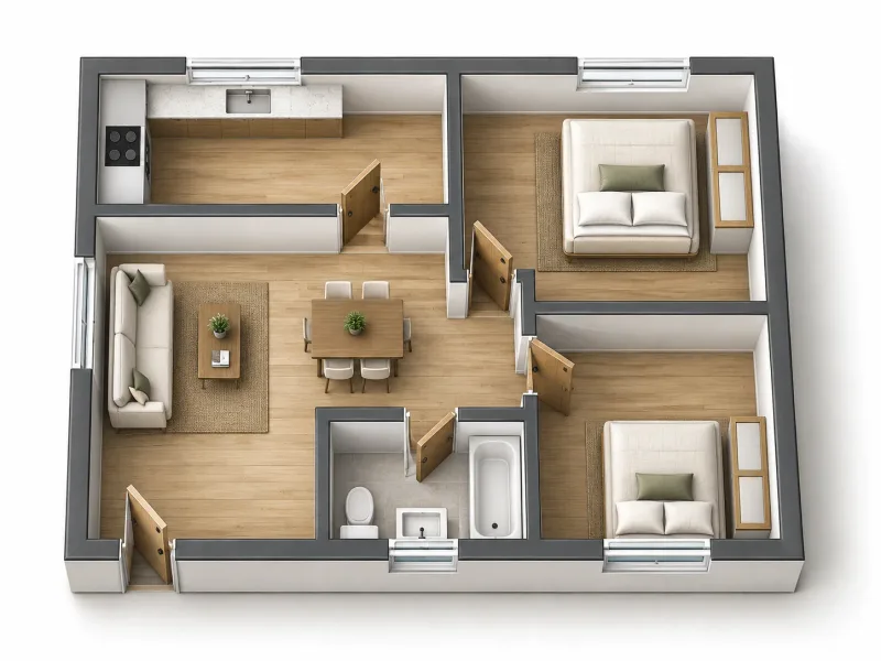 Realistic 3D floor plan concept created from a hand-drawn two-bedroom sketch