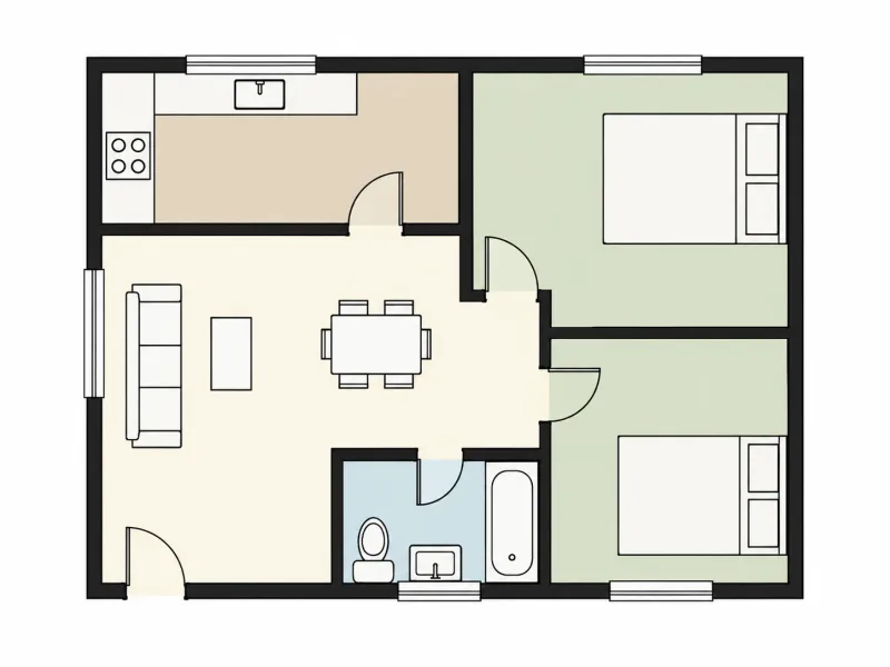 Illustrative top-down floor plan with kitchen, living space, and bedrooms