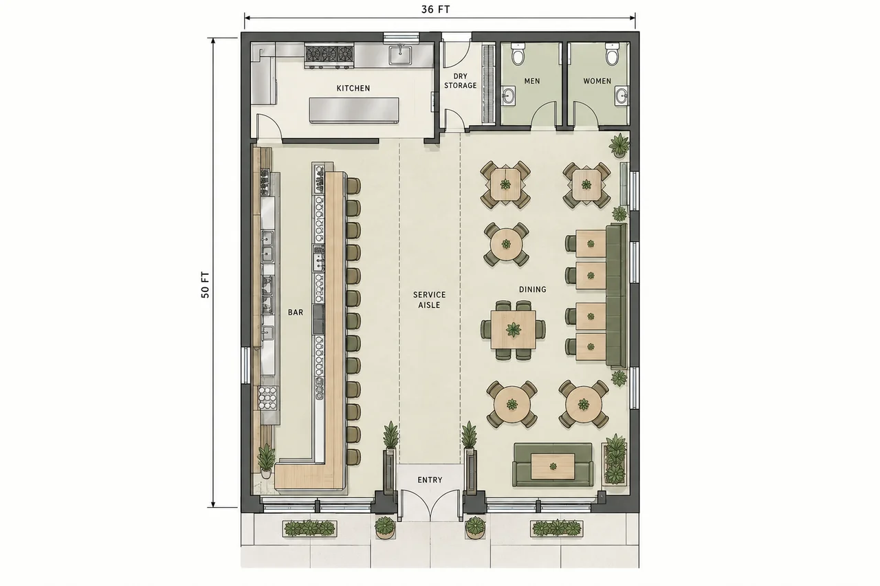 Plano de restaurante y bar con barra larga y mesas, cargado como brief de partida