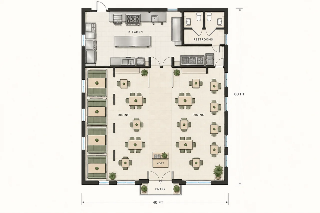 Plano conceptual de restaurante con mesas, cocina y recorridos de servicio, generado con el planificador de restaurantes con IA