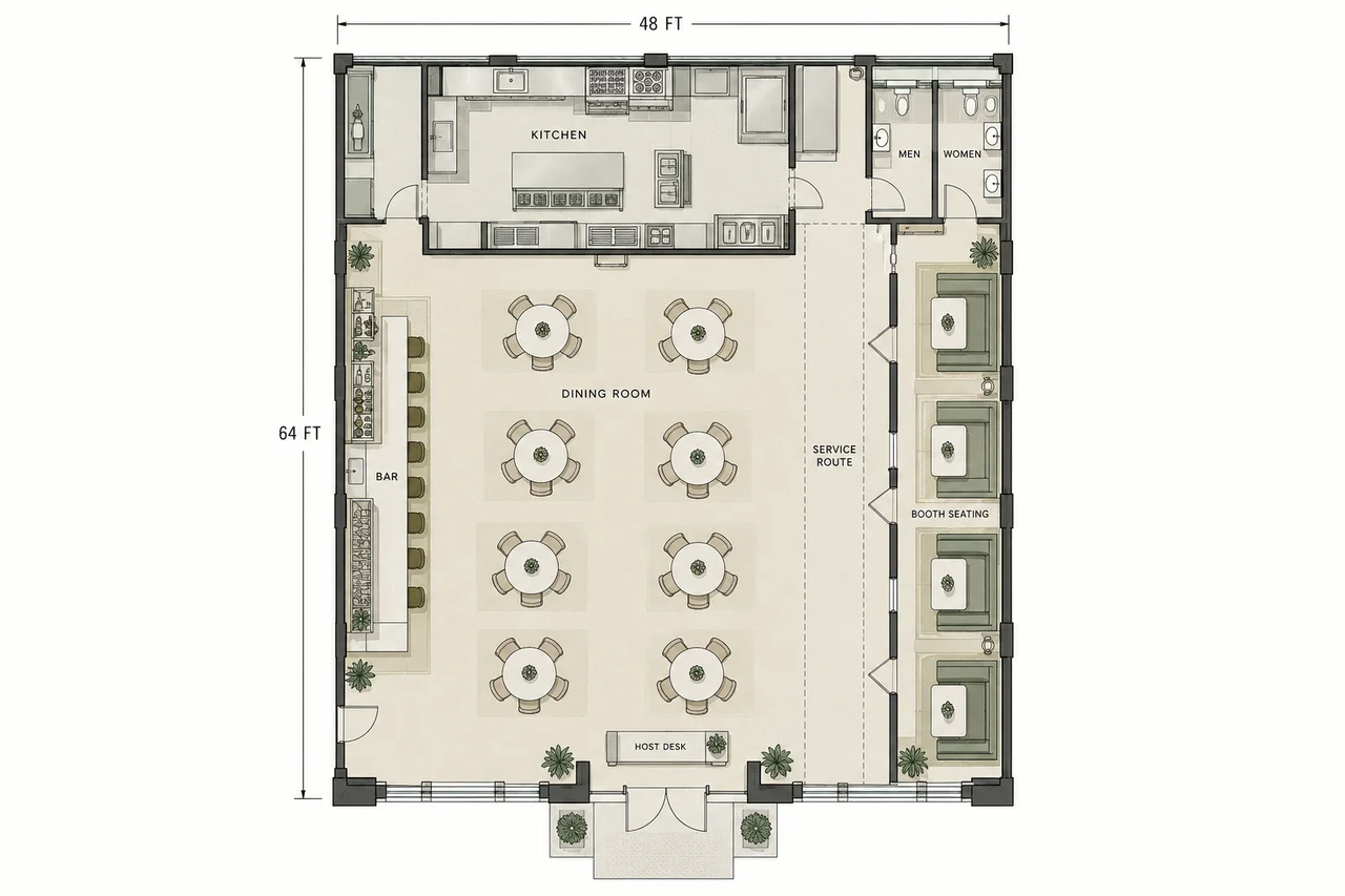 Plano de alta cocina con mesas espaciadas, recepción y cocina separada, cargado como brief de partida