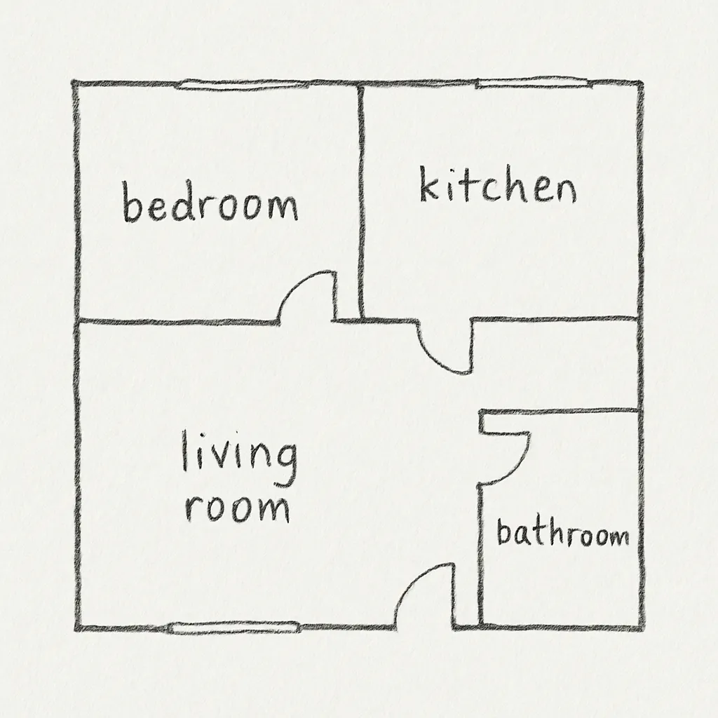 Simple hand-drawn home sketch with bedroom, kitchen, living room, and bathroom