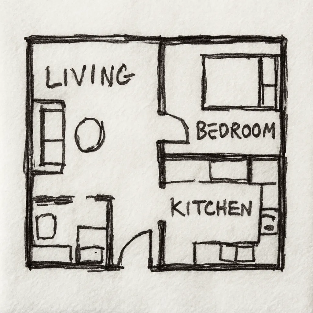 Compact hand-drawn residential sketch showing living, bedroom, kitchen, and bathroom zones