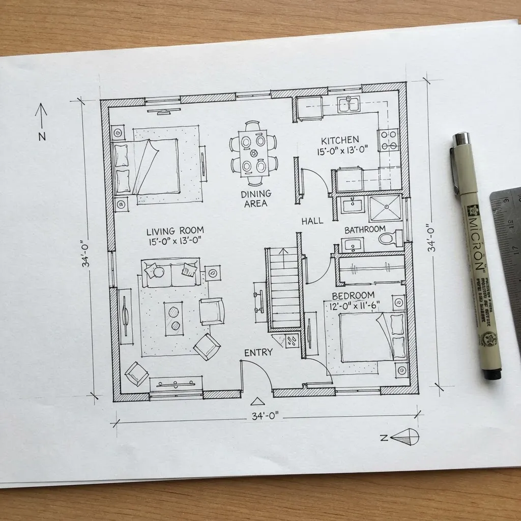 Detailed ink architectural-style plan on paper with room names and dimension notes