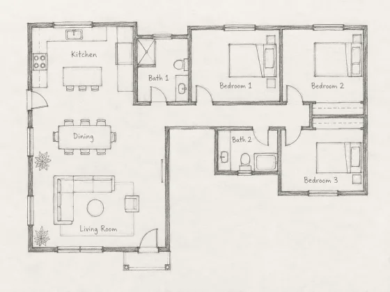 Hand-drawn family home layout with three bedrooms and shared living spaces