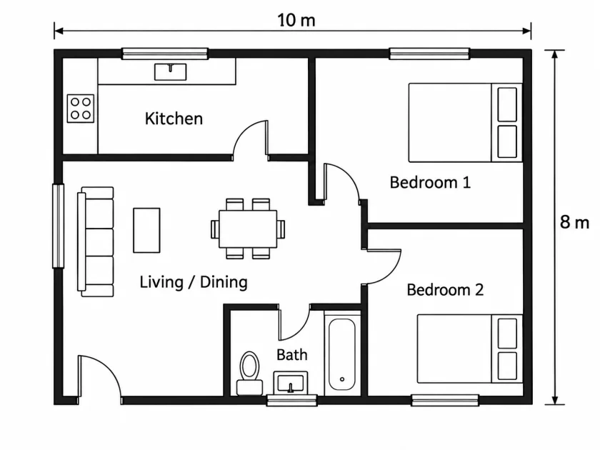 Clean digital version of the same two-bedroom apartment plan