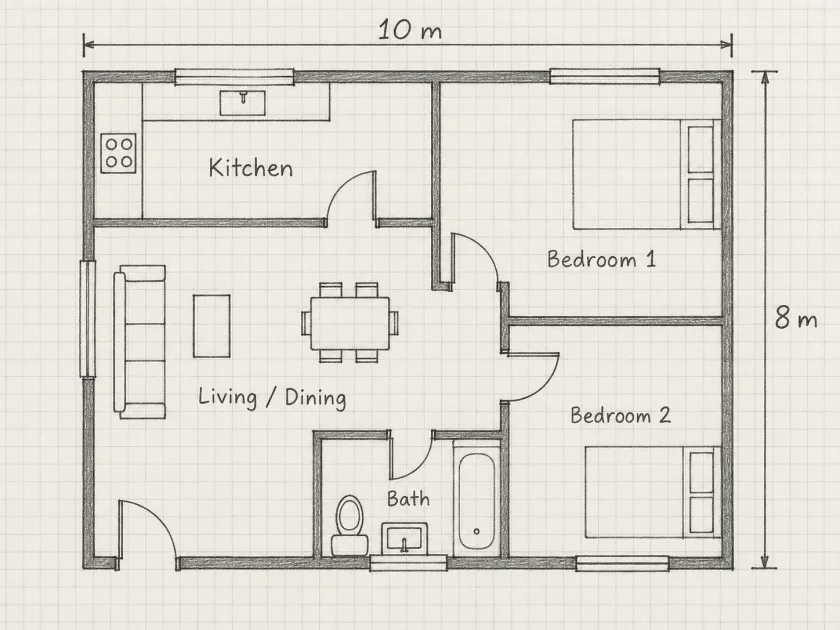 Sample hand-drawn sketch of the same two-bedroom apartment