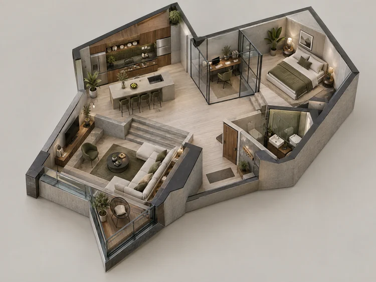 Isometric furnished rental floor plan showing the bedroom, bathroom, kitchen, and living area